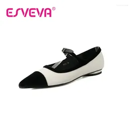 Zapatos casuales ESVEVA 2024 Bombas de mujer Tacón plano Trabajo Punta puntiaguda Cuero de vaca Estilo de nobleza británica Tamaño simple y de moda 34-39