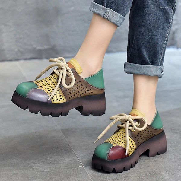 Zapatos casuales estilo étnico cuero para mujeres 2024 sandalias de primavera y verano sandalias gruesas de capa superior color