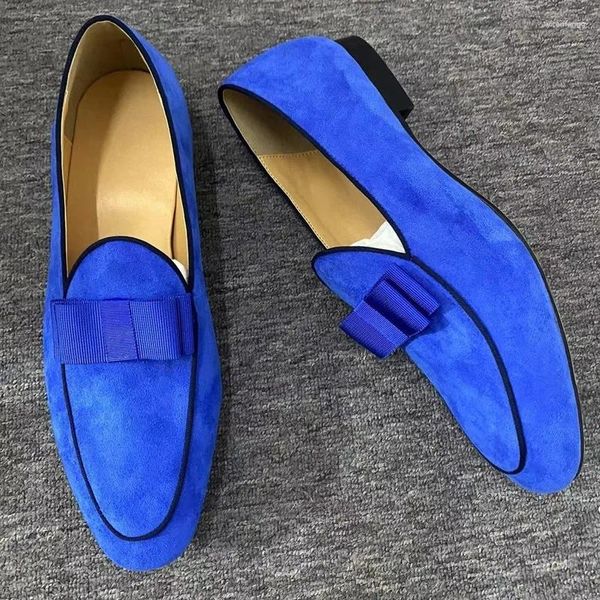 Chaussures décontractées Fashion Blue Vache en daim Bouc Bowtie Slip on Men Dress Handmade Designer Mentlemen Fumer des pantoufles à plat
