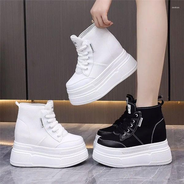 Zapatos casuales moda tacones altos de 12 cm lona de cordón Aumento de la adelgazamiento de las mujeres deportivas de gran tamaño 10 cm pequeño blanco