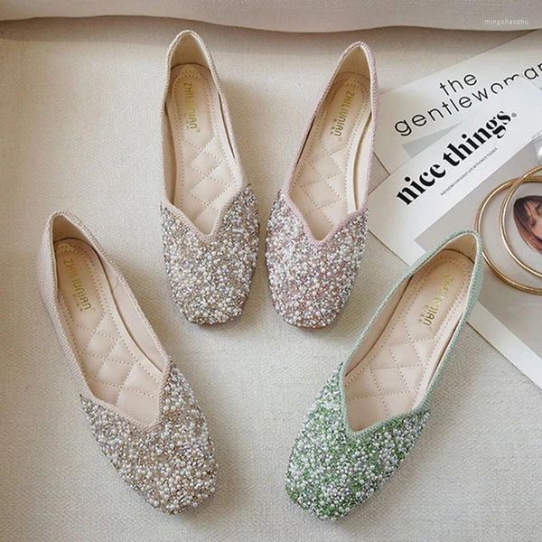 Chaussures décontractées Fashion Femme Square Toe Softs Flats Lady Bling Crystal Sparkly Sequins Stroline Feme Summer Plus taille rose vert