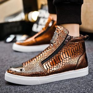 Chaussures décontractées mode Zipper hommes haut top baskets luxury or paillette marque crocodile créateur de cuir masculin vulcanisé