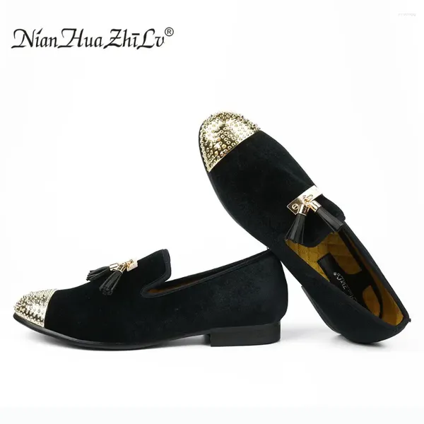 Zapatos informales de moda Men Velvet Dress Gold Tassels and Golden Toes Brand Fiesta de bodas de cuero para hombres