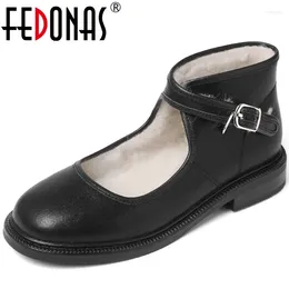 Casual Shoes FEDONAS 2024 Autumn Spring Women Pumps Office Ladies Retro Buckle Genuine Leather Low Heels Comfortable Wool Woman