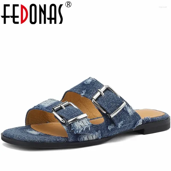 Chaussures décontractées Fedonas Concise Bas talons pantoufles Summer Women Sandals Fashion Buckles confortable travail