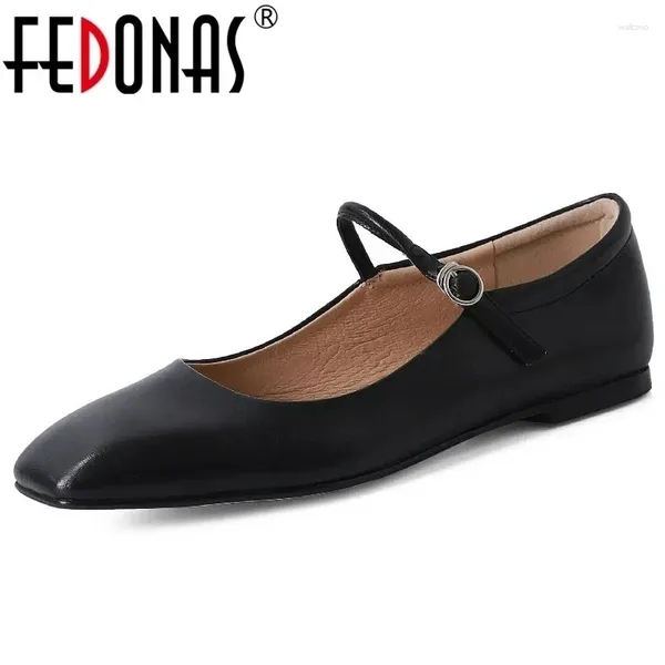 Zapatos casuales Fedonas Spring Summer Women Flats Concise Elegant Square Toe Cuero genuino Mary Janes Mujer Oficina Damas Comodidad