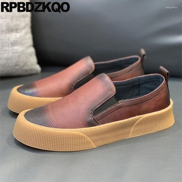 Zapatos casuales Flatforms Sport Skate Muffin Cuero de vaca Suela gruesa Zapatillas de deporte Zapatillas de deporte Brush Athletic Hombres Slip On Flats Goma transpirable