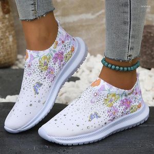 Zapatos casuales estampados de flores planos tejidos para mujeres talla de gran tamaño brillante brillo de malla transpirable mocasines mujer 2024 otoño deslizamiento