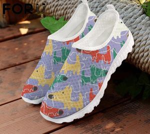 Chaussures décontractées forudesignens Cartoon Art Dog Pattern Animal Pattern Femme's Mesh Plat Breatchable Sneakers Shoe Femelle Slip-On Mujer