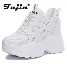 Zapatos casuales Fujin 10cm encaje transpirable lentejuelas plataforma de cuero genuino cuña zapatilla gruesa alta marca verano Bling señoras