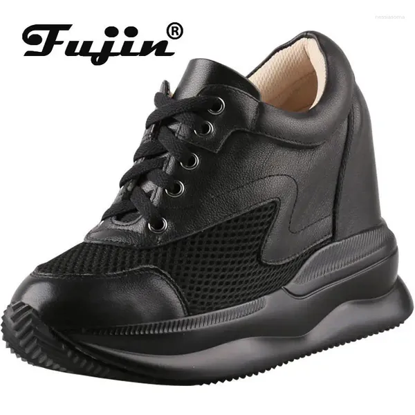 Chaussures décontractées Fujin 11cm Mesh Air Geuthesine Leather Plateforme coin de coin Chunky Sneakers Femmes Super Hidden Heel Automne Fashion Spring Ladies