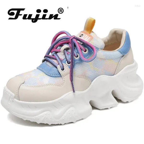 Zapatos informales Fujin 6.5cm Air Mesh Genuine Leather Chunky Sneakers Platform Wedge para mujeres Moda de verano transpirable Damas
