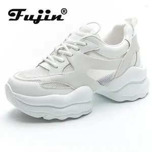 Casual schoenen Fujin 6,5 cm echte lederen zomer ademende lucht gaas vrouwen wig platform sneakers dikke sneaker