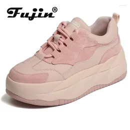 Fujin – chaussures décontractées en cuir véritable pour femmes, baskets compensées, épaisses, vulcanisées, confortables, à la mode, couleurs mélangées, printemps automne, 6cm