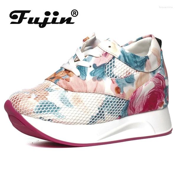 Zapatos casuales Fujin 6 cm plataforma de cuero genuino mujeres zapatillas de deporte de moda flor transpirable cuña de verano
