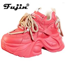 Casual schoenen Fujin 8 cm lucht gaas echt lederen herfst vrouwen comfortabele enkel dikke sneaker platte laars laarzen lente zomer gemengde kleur