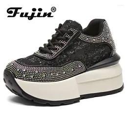 Casual Shoes Fujin 8cm Air Mesh Synthetic Platform Wedge Lace Up Flat Chunky Sneaker Bling Leather Comfy High Brand Summer
