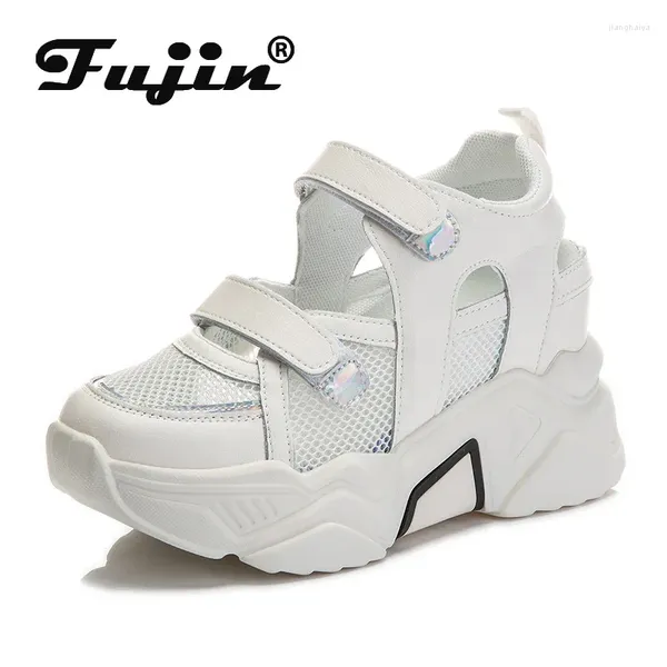 Zapatos casuales Fujin 8cm General de cuero Plataforma de verano Sleakers Well Heel Hook Look Mesh para femenina de zapatillas blancas