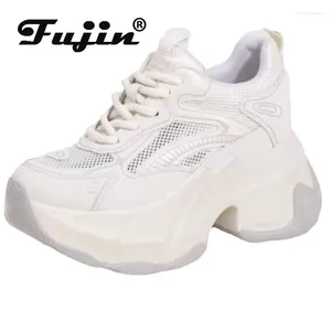 Casual schoenen Fujin 9cm luchtmesh tpu echt lederen hakken vrouwen ademende holle platform wig flats zomer etnische dikke sneaker