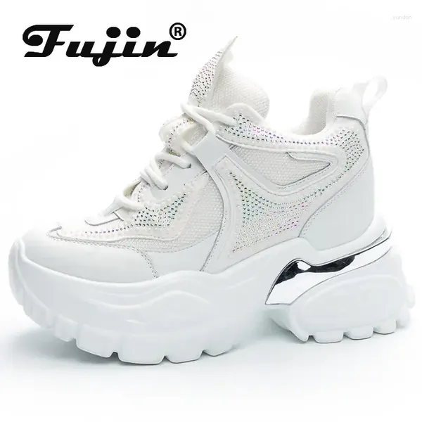 Chaussures décontractées Fujin 9cm en cuir authentique en cuir Femmes Fashion Fashion Sneakes Chunky Spring Summer Automne Bling Platform Bling Plateforme