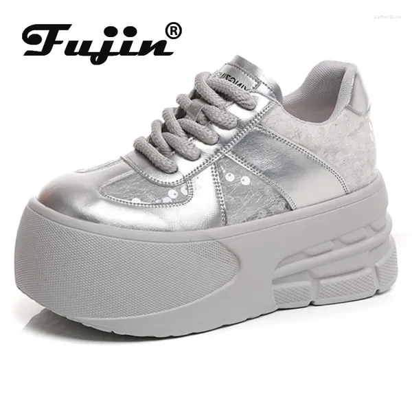 Zapatos informales Fujin 9cm High Brand Mesh Chunky Sneaker Hollow Hollow Comfy Singtetic Summer Plataforma Flats Bling Fashion