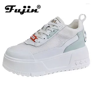 Casual schoenen Fujin 9 cm synthetische lucht gaas echt leer verborgen hiel dames sandalen vulcaniseer platform wig zomer dikke sneakers vrije tijd