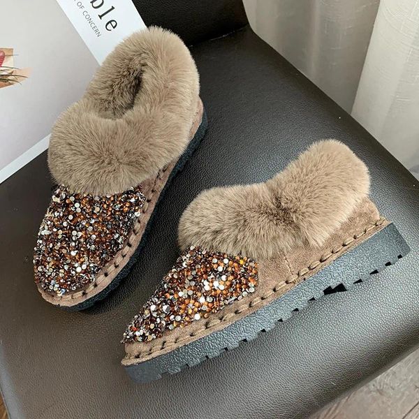 Zapatos casuales Fur Flat Femenino 2024 Autumer All-Match Women Women Boots Redonder Toe Crystal Snow Zapatos