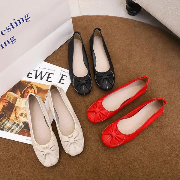 Chaussures décontractées en cuir authentique Bowknot plat rétro Étudiant Square Toe Shallow Cut Single Shoe Female Femme Slip en conduite