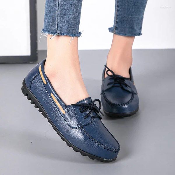 Chaussures décontractées en cuir véritable mode femmes appartements ballerine mocassins à lacets chaussure en plein air grande taille femme