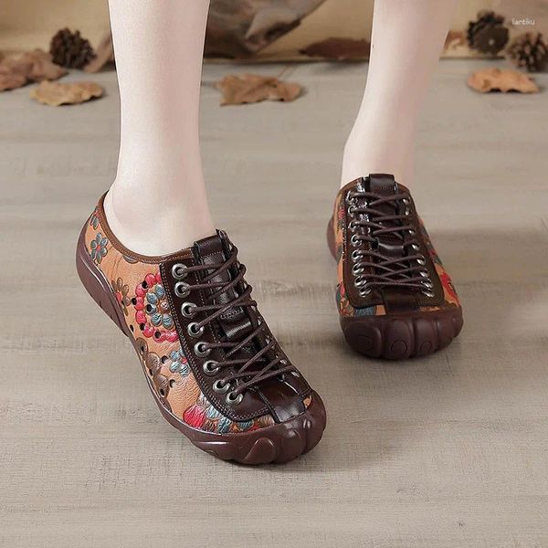 Chaussures décontractées cuir authentique pour les femmes Lacet Up Ballet Flats Vintage Floral Mandons âgés Anti Kick 2024