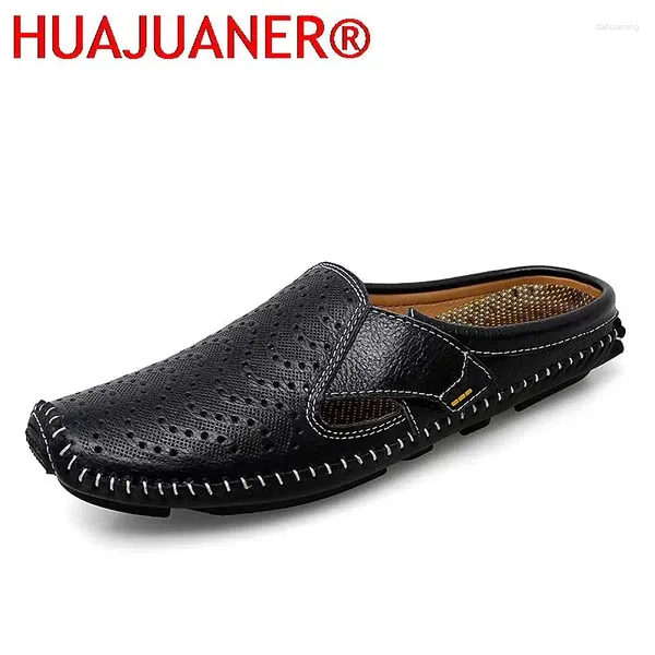 Zapatos casuales zapatillas de cuero genuinas para hombres mulas transpirables a la mitad para los hombres al aire libre anti-slip conductor de mocasines hombre