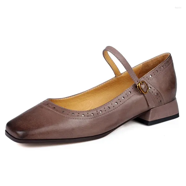 Chaussures décontractées en cuir véritable rétro femmes Mary Janes talons bas Smallhut 2024 printemps gris marron rouge pompes à bout carré dame un mot boucle