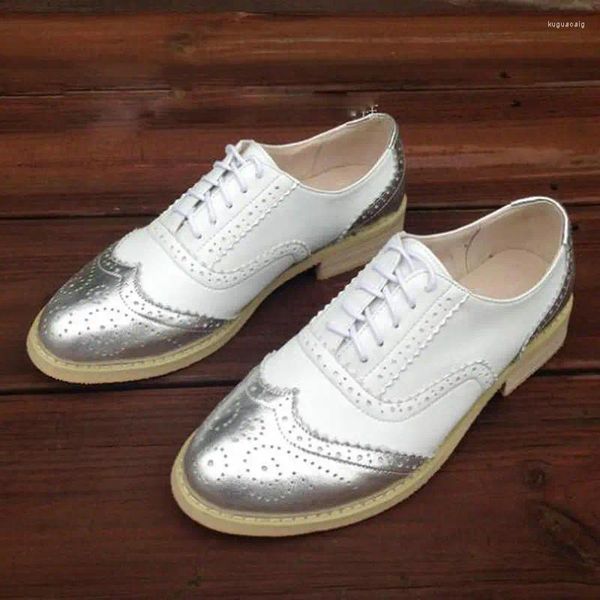 Zapatos Casuales Cuero Genuino Plata Tallada Mujer Cordones Brogue Solo Viento Británico Hecho A Mano Tamaño Pequeño