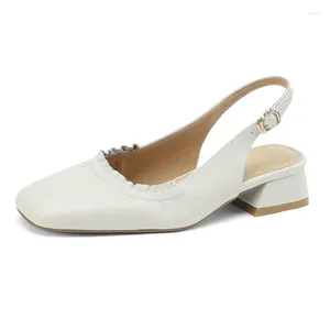 Casual Schoenen Echt Leer Slingbacks Vrouwen Lage Hakken 2024 Zomer Wijnrood Beige Chunky Sexy Dames Vierkante Neus T-band Party Schoen