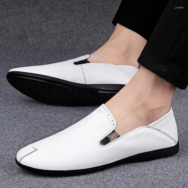 Chaussures décontractées en cuir véritable blanc hommes mocassins mocassins respirants appartements sans lacet conduite