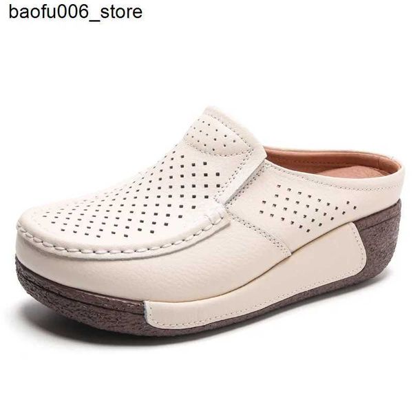 Zapatos casuales Zapatos de mujer de cuero genuino Zapatos huecos Zapatillas de plataforma de verano Chicas jóvenes Sandalias con elevador de cuña Resbalón femenino en medio paquete Mocasines Q240320