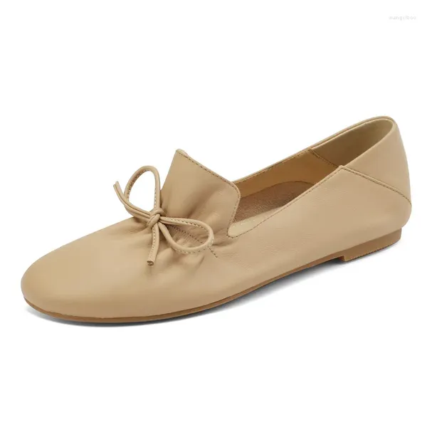 Zapatos informales Mocasines de mujer de cuero genuino SmallHut 2024 Primavera Verano pisos dulce señora Beige vino rojo caqui punta redonda Bowknot plano