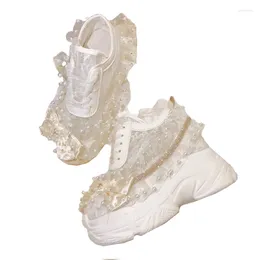 Casual schoenen meisjes verhogen 6 cm platform witte dikke zool ademend veelzijdig modieus kant bloemen parels strik kristallen riem schoen