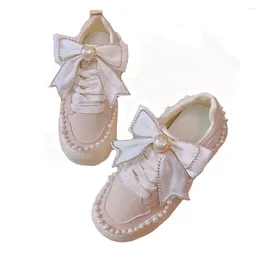 Chaussures décontractées les filles augmentent 6 cm de fond d'épaisseur de soie beige perles sweet arc polyvalent lolita orteil rond femelle baskets mignonnes