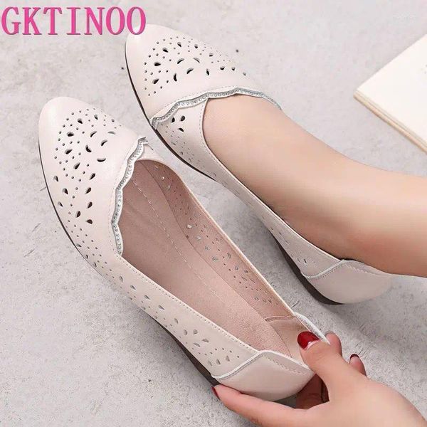 Zapatos casuales gktinoo transpirable cuero genuino mujer de verano 2024 tacón plano madre hueco salto para mujeres suave