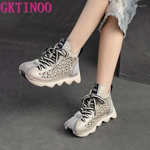 Zapatos informales Gktinoo Woman Botas de tobillo gruesas Suelas genuinas de cuero hecho a mano Sandalias de cordón de verano