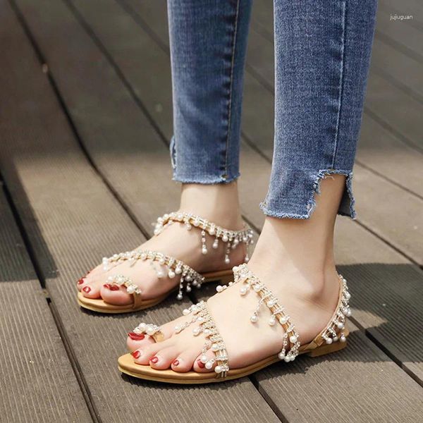 Zapatos informales Gladiador Cadena Cuentas Pisos Sandalias Clip Toe Shine Crystal Verano Mujer Dulce Niñas Playa Sandalias Diseñador de marca