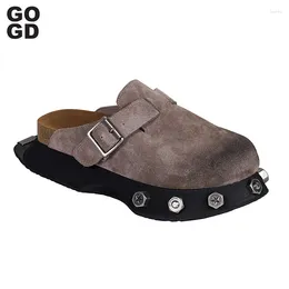 Casual schoenen Gogo Platform Fashion dames slippers koe suede leer 2024 comfortabel wandelen dikke zool metalen decoratie