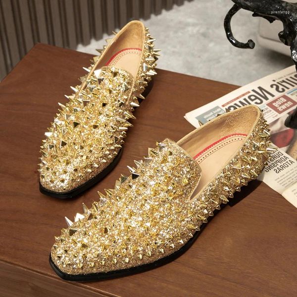 Zapatos informales Rhinestones Gold Spiked Manders Men Bling Rivets Slip On Low Top Flat Luxury Sequin Fiesta de bodas Zapatillas Hombre