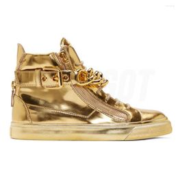 Chaussures décontractées Gold Sliver Mirror Cuir Chaînes Sole épaisse pour hommes Double fermeture éclair rond Plat High Top Sneakers Masculino