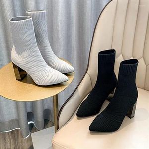 Bottes chaussettes en tissu gris pour femmes, chaussures décontractées, élastique, extensible, tricot scintillant, talon carré en métal de 8cm, grande taille 41