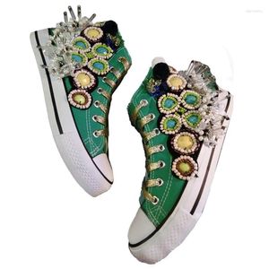 Zapatos Casuales Zapatillas Verdes Lona Con Cordones Y Cuentas Flor De Lentejuelas