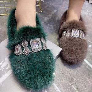 Chaussures décontractées vert femmes hiver chaud fourrure appartements cristal réel vison mocassins Espadrilles dame marche conduite mocassins à enfiler