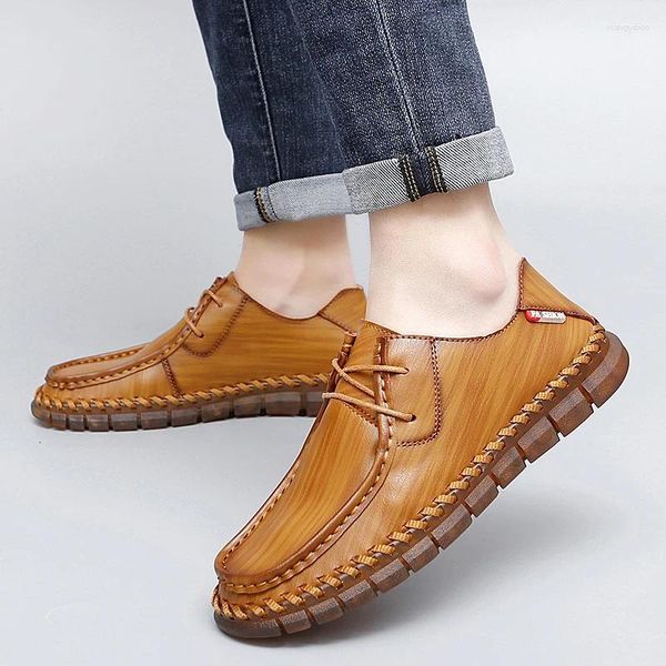 Chaussures décontractées en cuir cousues à la main pour hommes, bas de tendon, antidérapant, grande taille 38-47