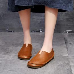 Chaussures décontractées faites à la main en cuir pour femmes, couche supérieure plate en peau de vache, éventail littéraire, semelle souple ronde Vintage simple